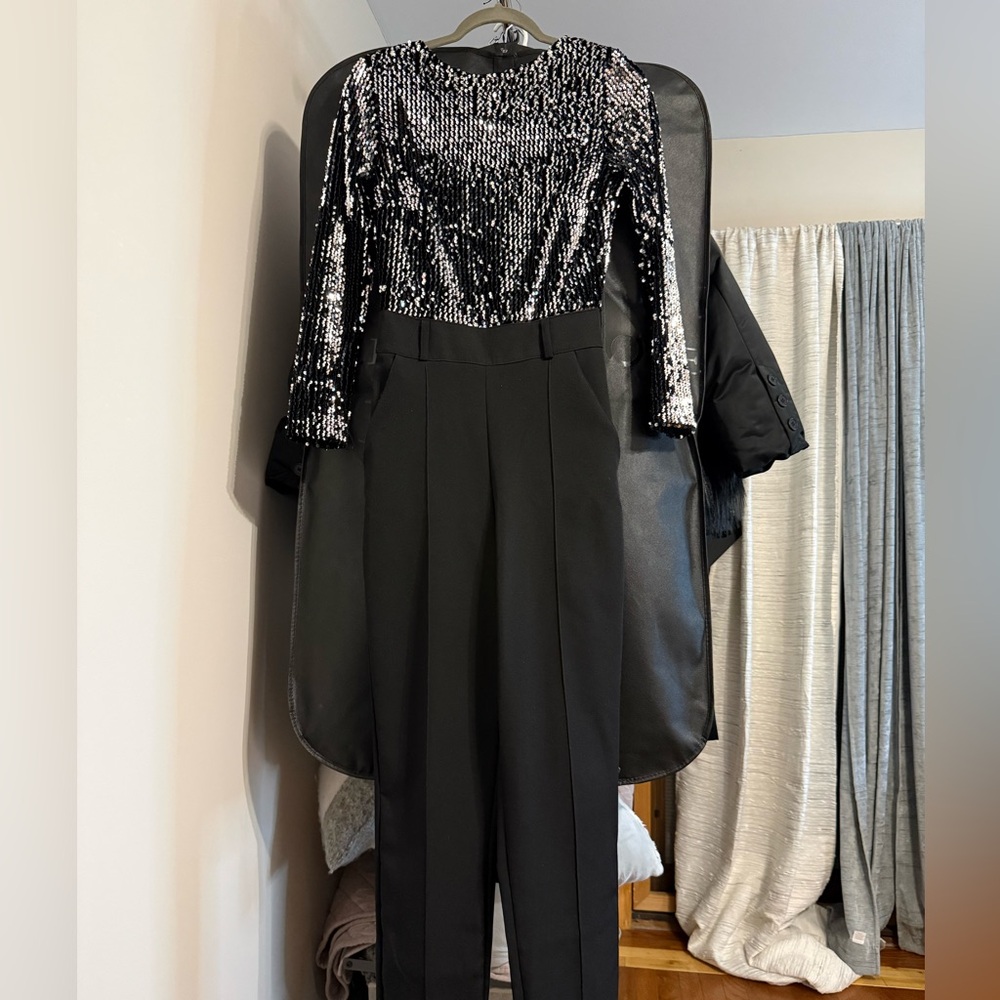 Black Sequin Bodice Jumpsuit with Tailored Black Trousers
